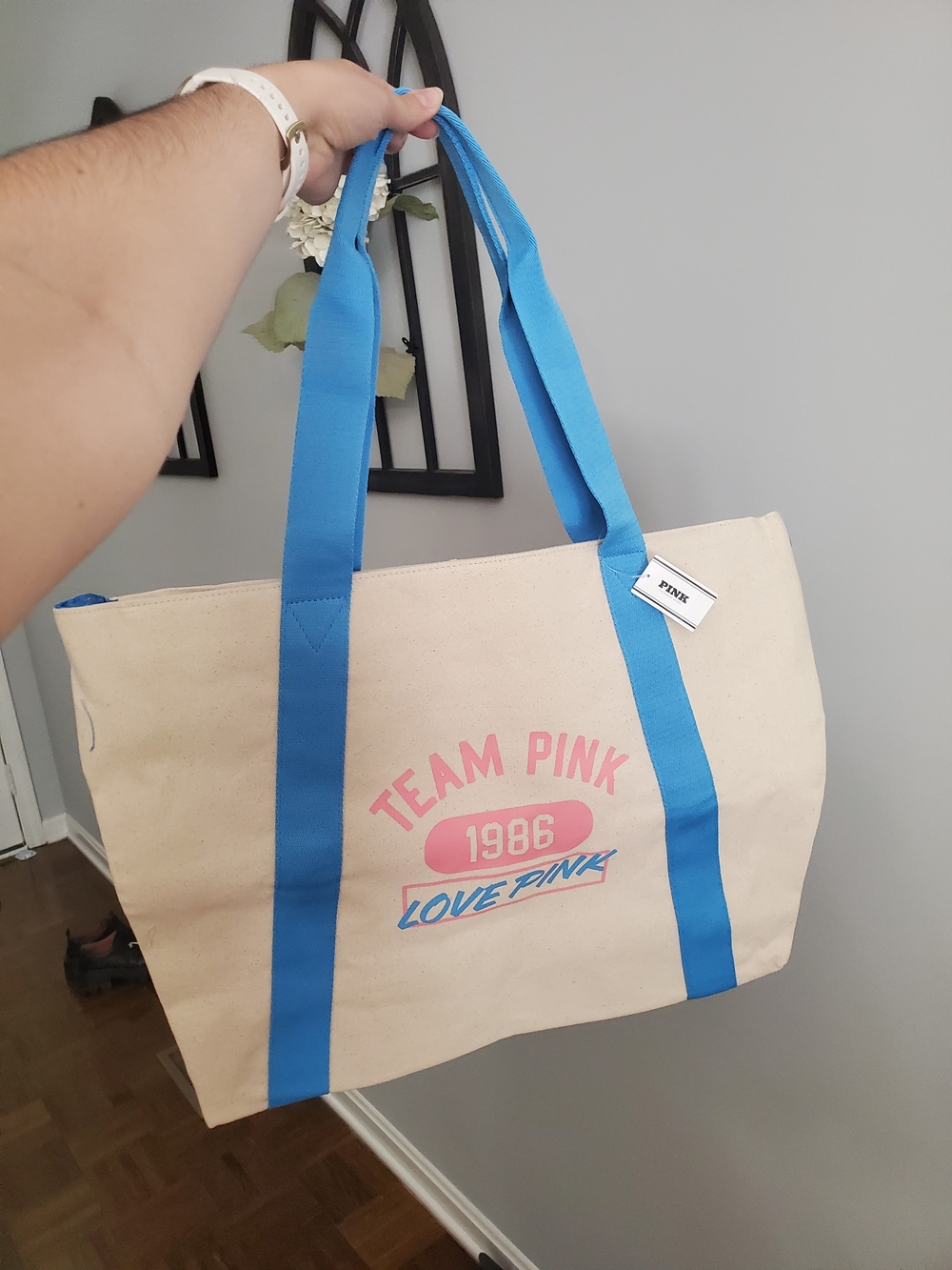 PINK Victoria's Secret Canvas Tote with Bright Blue Straps and Pink Logo